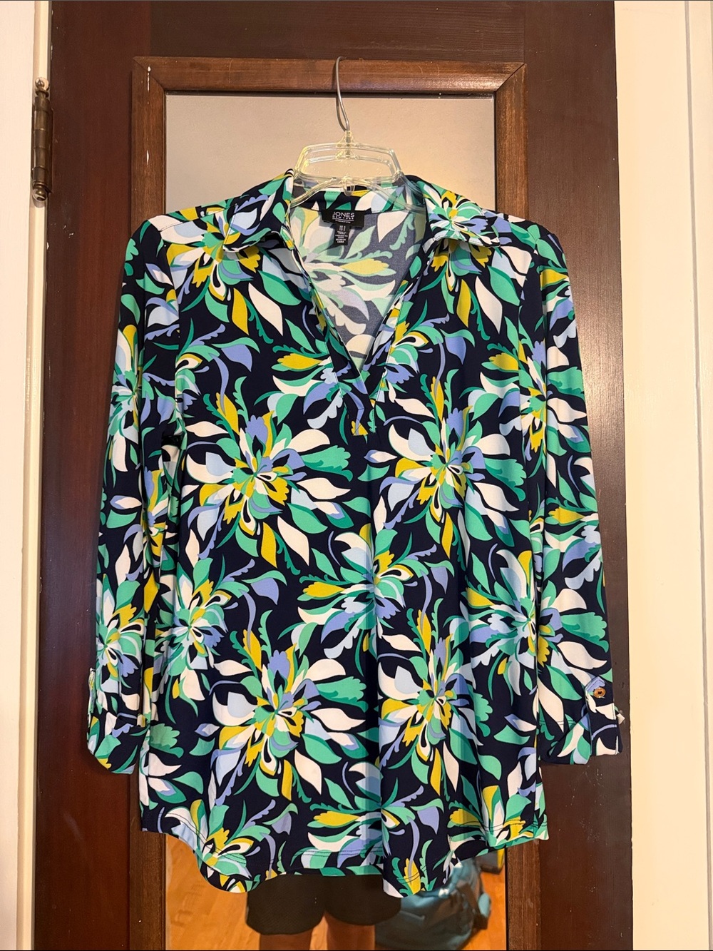 Jones New York Navy Floral V-Neck Blouse - Green, Yellow, White